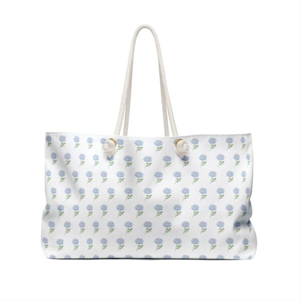 Preppy Watercolor Blue Hydrangea Rope Pink Handle Tote Pool Beach Boat Weekender Bag - Image 2