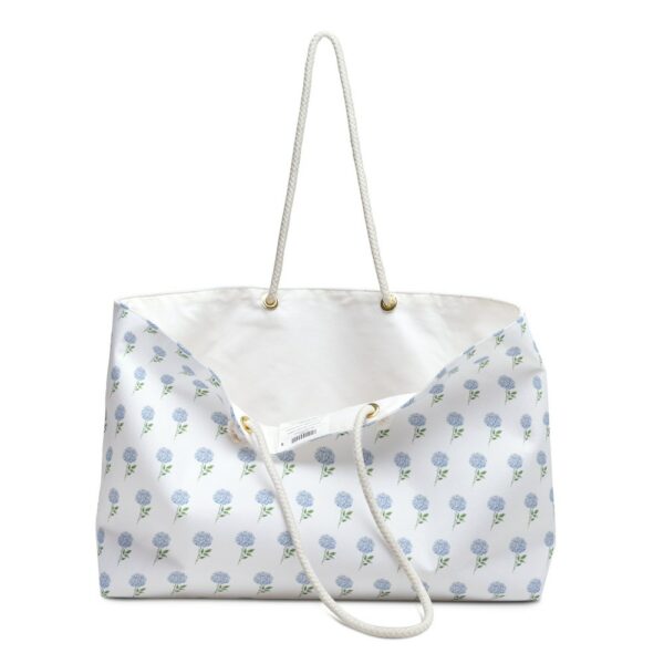 Preppy Watercolor Blue Hydrangea Rope Pink Handle Tote Pool Beach Boat Weekender Bag - Image 3
